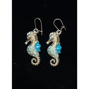 Silver & Turquiose Crystals Seahorse Earrings